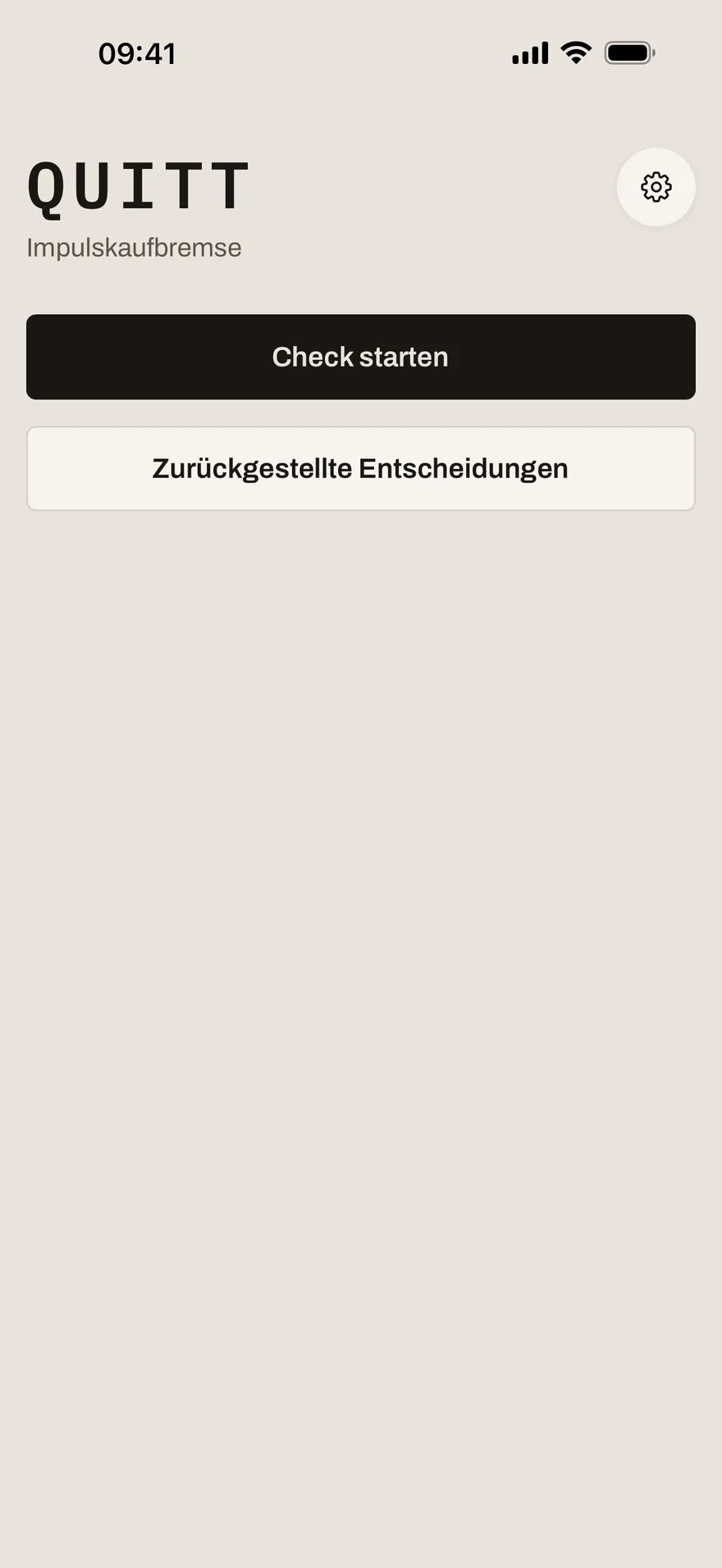 Startbildschirm der App mit dem Wortzeichen Quitt und den Schaltflächen „Check starten“ und „Zurückgestellte Entscheidungen“.