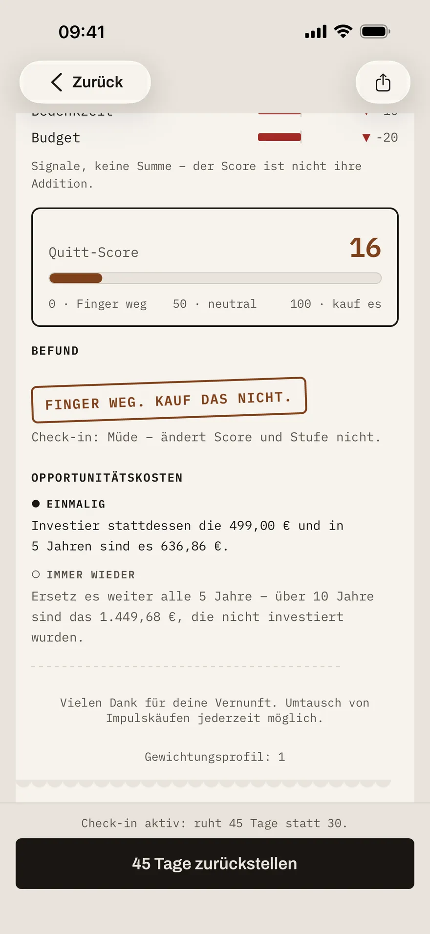 Beleg mit dem Quitt-Score 16, einem Balken auf der Skala von 0 bis 100 und dem gestempelten Befund „Finger weg. Kauf das nicht.“