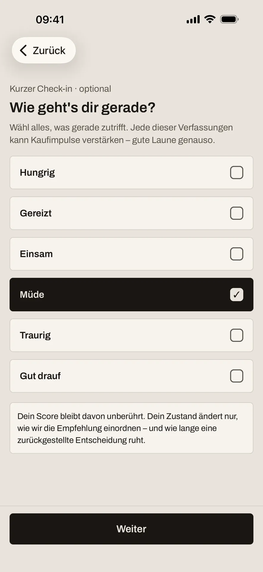 Optionaler Check-in mit auswählbaren Verfassungen von hungrig bis gut drauf; „Müde“ ist markiert.