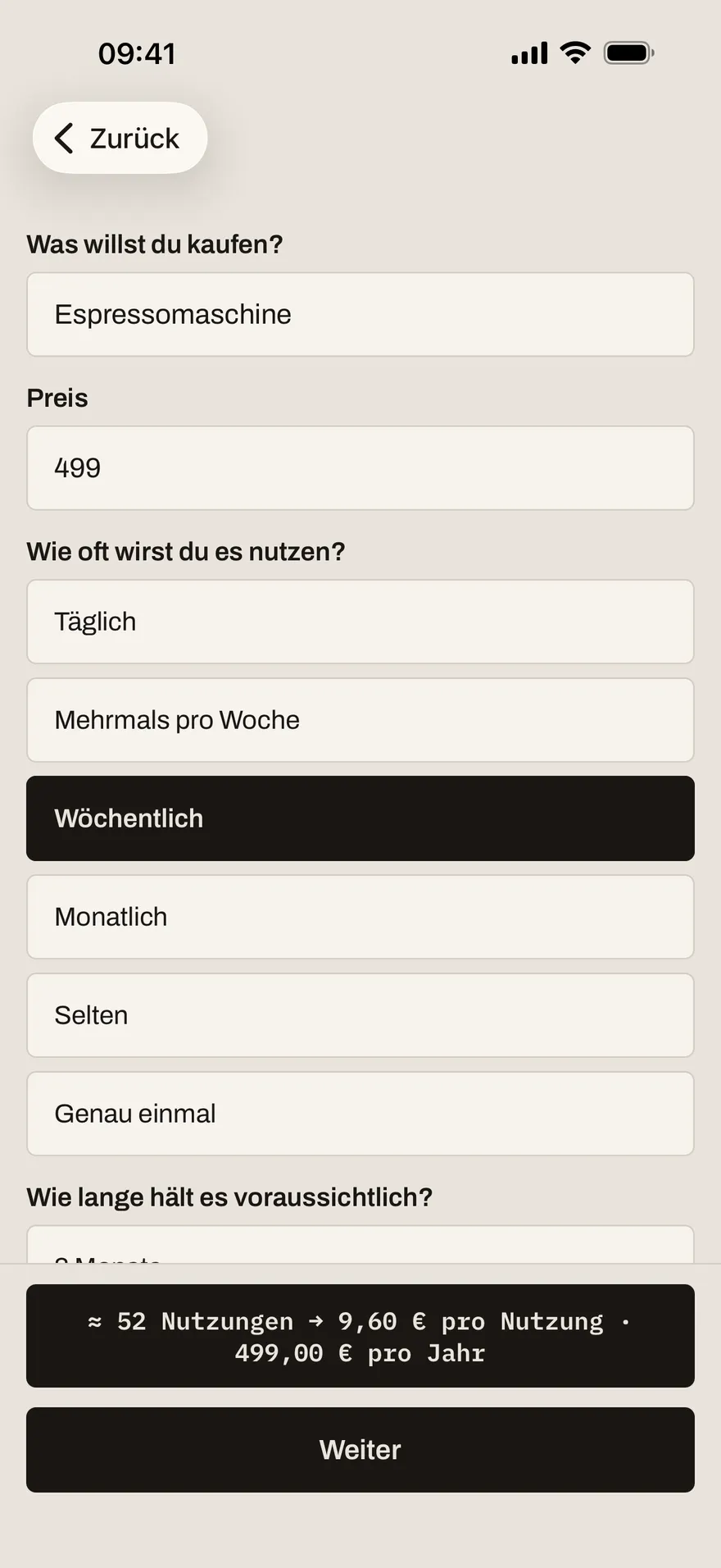 Eingabeformular mit Produktname, Preis und Nutzungshäufigkeit; unten die laufende Rechnung mit Kosten pro Nutzung und pro Jahr.
