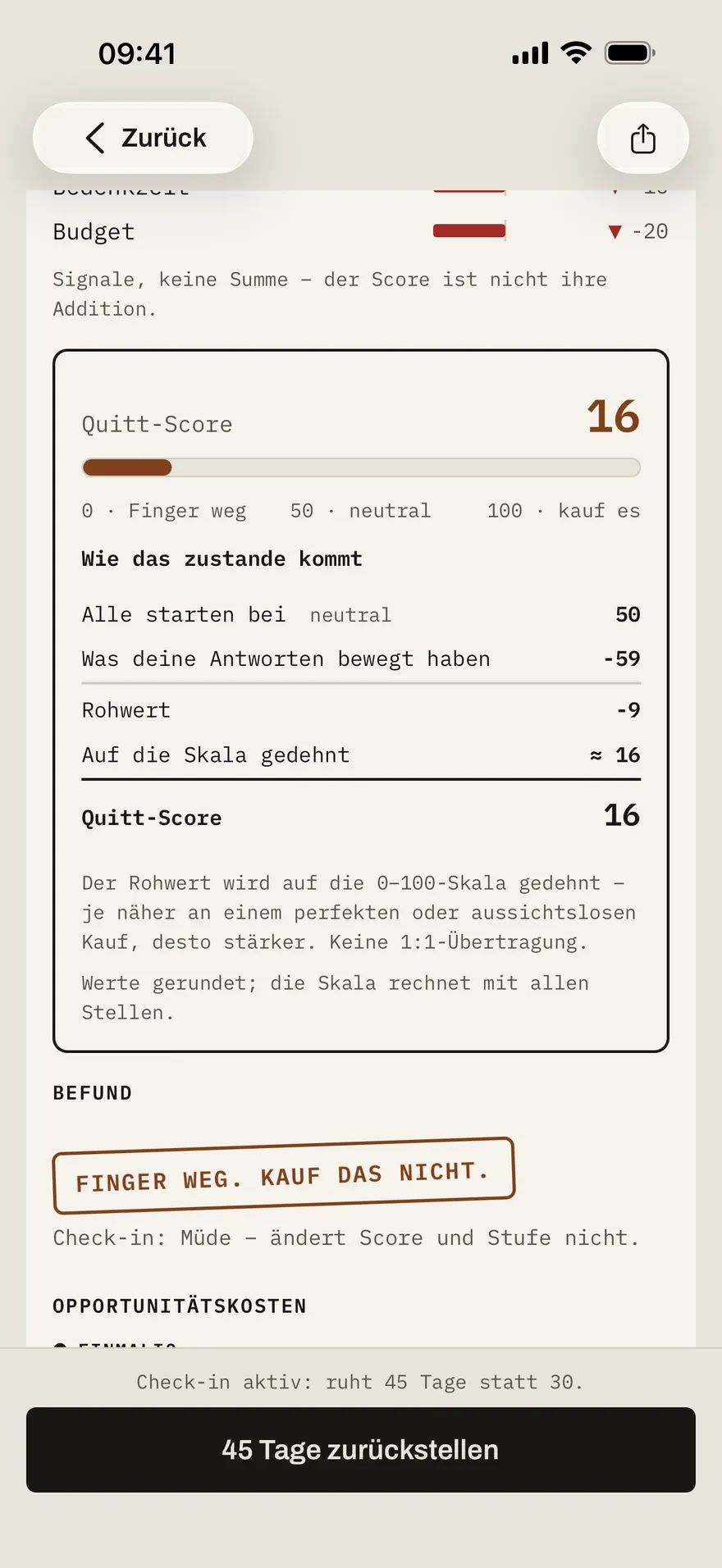 Aufgeklappter Rechenweg auf dem Beleg: Startwert 50, die Bewegung durch die Antworten, der Rohwert und der auf die Skala gedehnte Score.